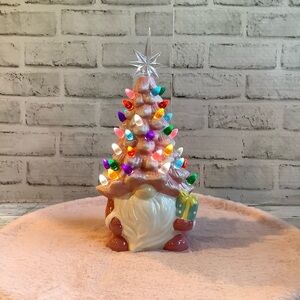 Pink 12” Ceramic Santa Gnome LED Light Up Tree